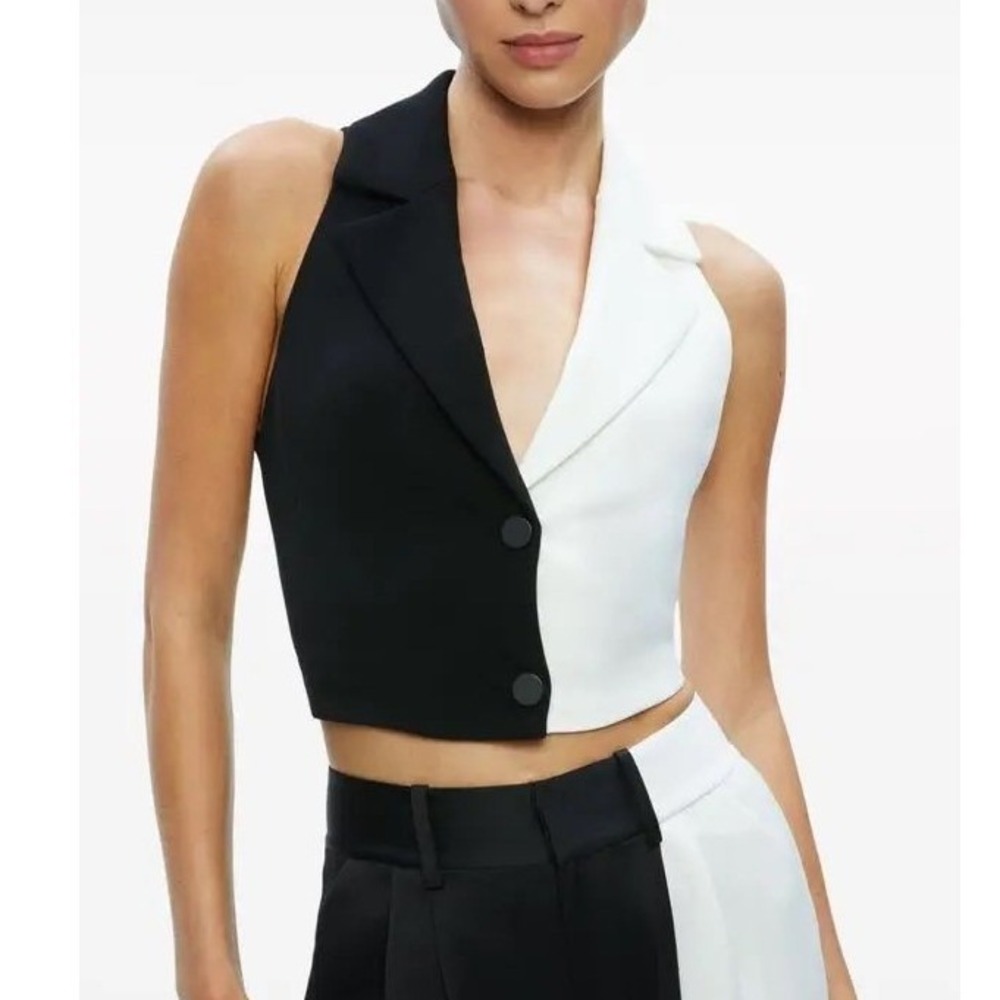 Alice + Olivia Meri Colorblock Cropped Vest Top Black White Size 0
